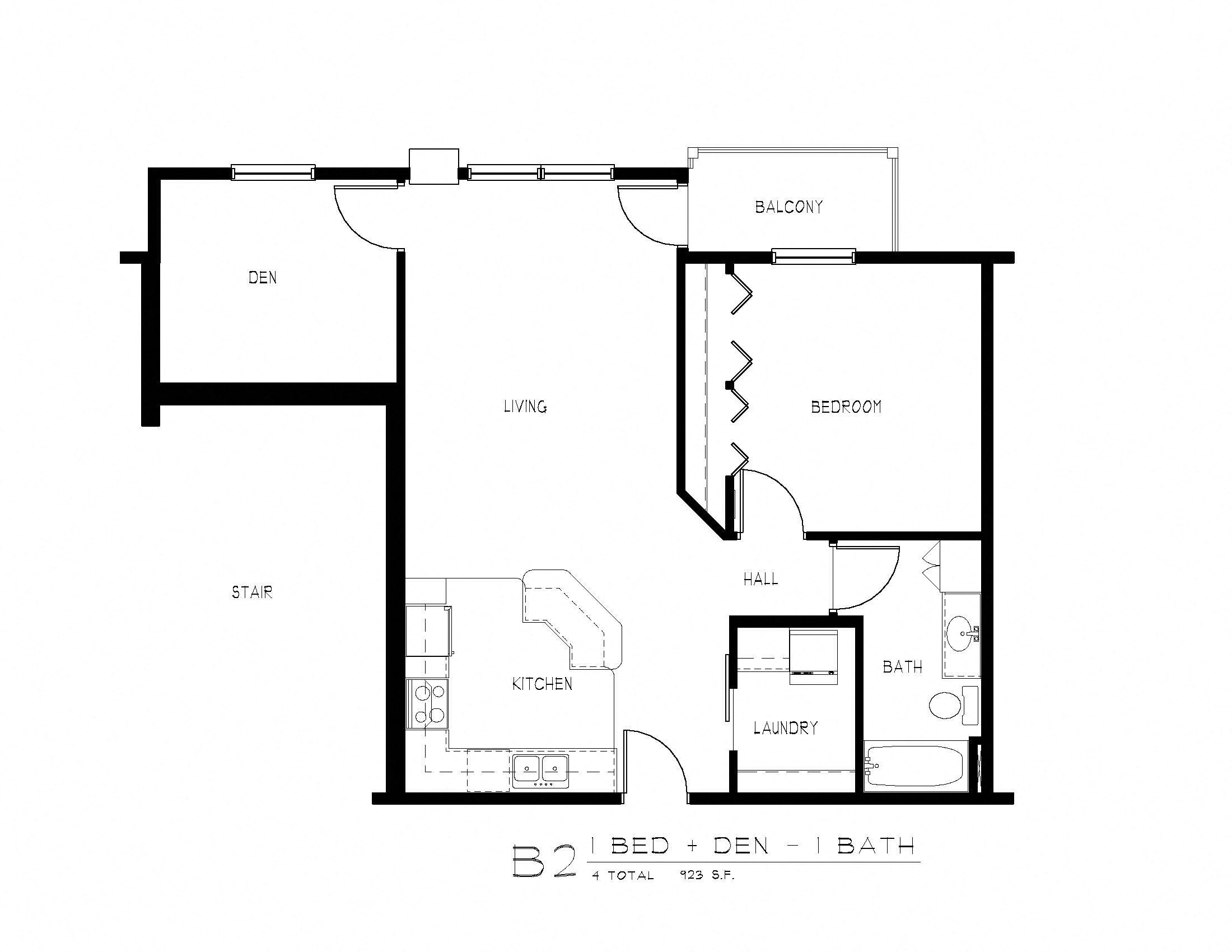 Floor plan for 1 bed, 1 bath, 923 sqft